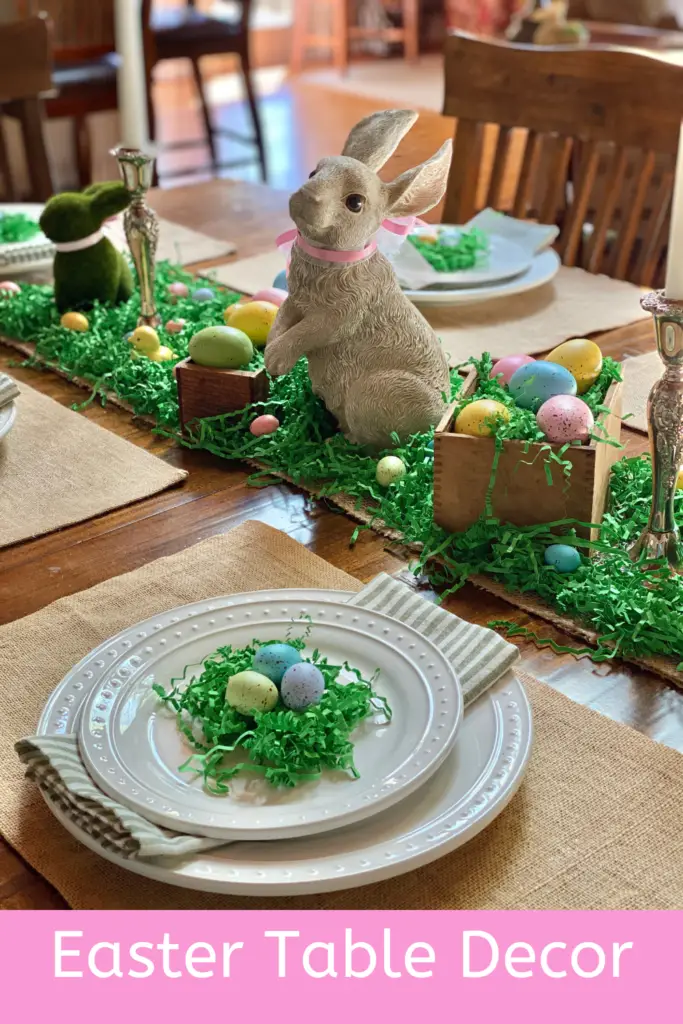 diy easter table decoration with bunnies and easter eggs