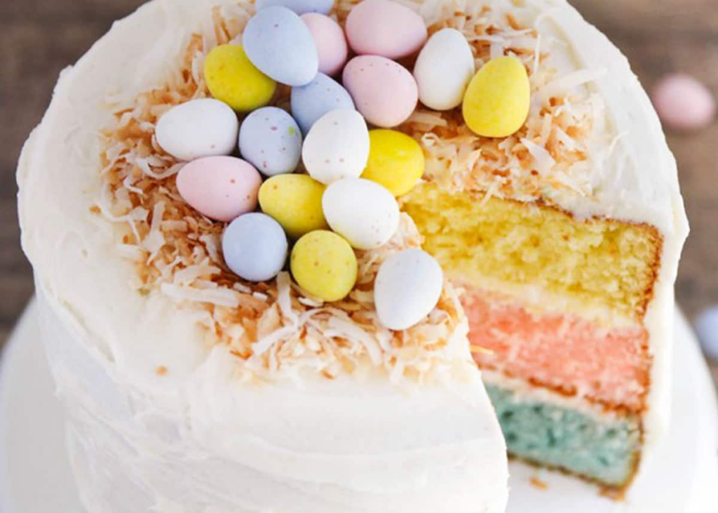 layered easter cake with birds nest