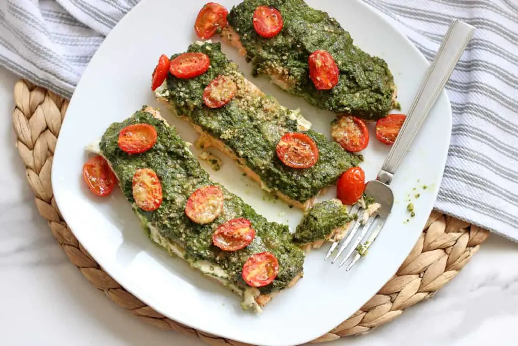 healthy and easy baked pesto salmon recipe for mothers day dinner ideas