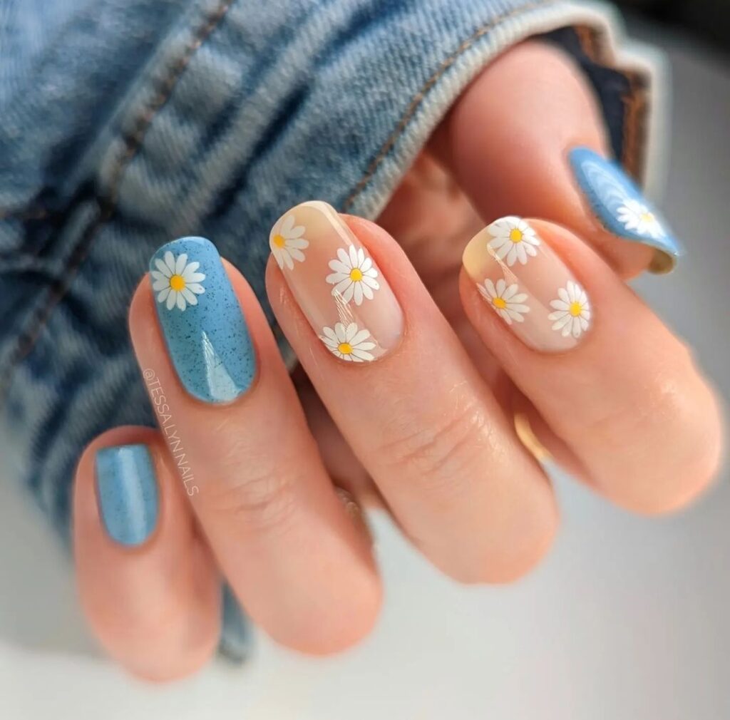 blue and white floral short summer nails
