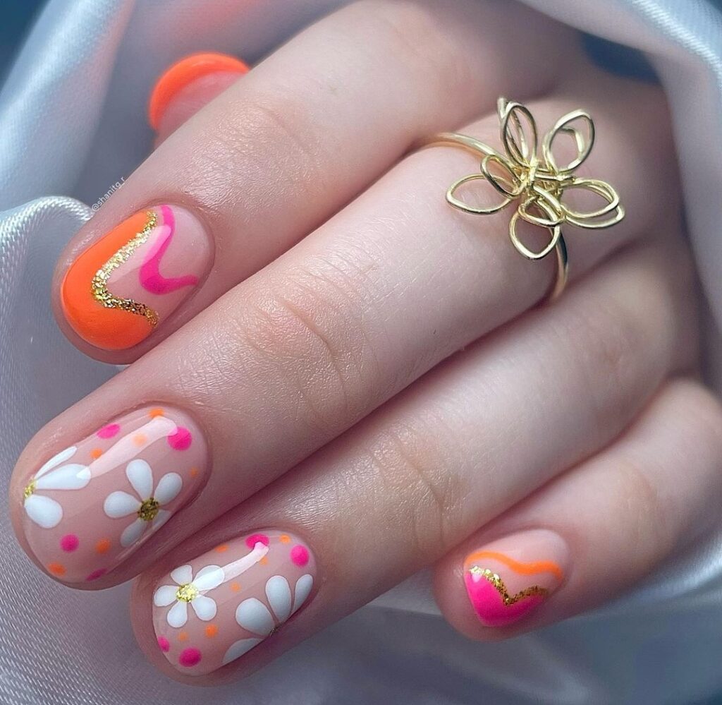 orange and pink short summer nails