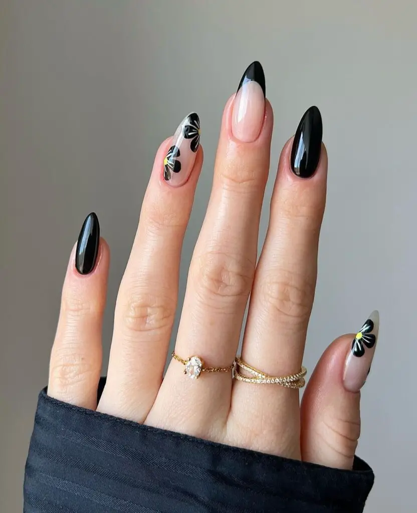 black nails with black floral graduation nail ideas 2023