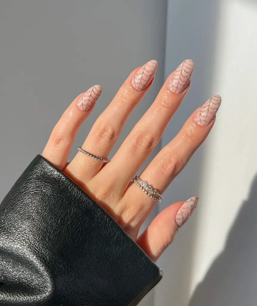 glittery spider web Halloween nail designs 