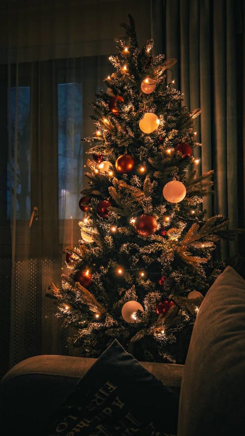 Free Illuminated Christmas Tree with Decorations Stock Photo