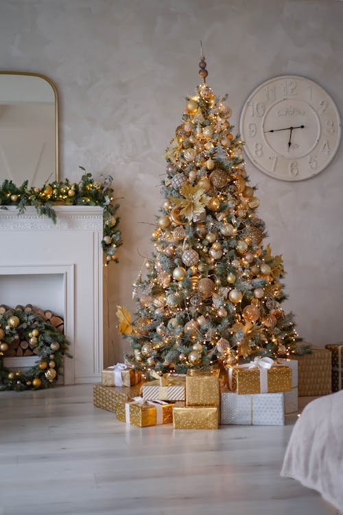 Free Presents under Christmas Tree in Living Room Stock Photo