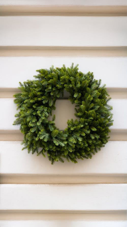 Free A wreath on a white wall with green leaves Stock Photo